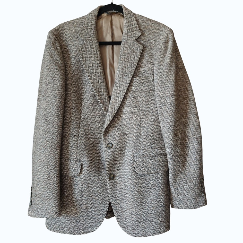 Vtg Harris Tweed Herringbone Men's 40 Sport Coat Brown 100% Scottish Wool *FLAW*